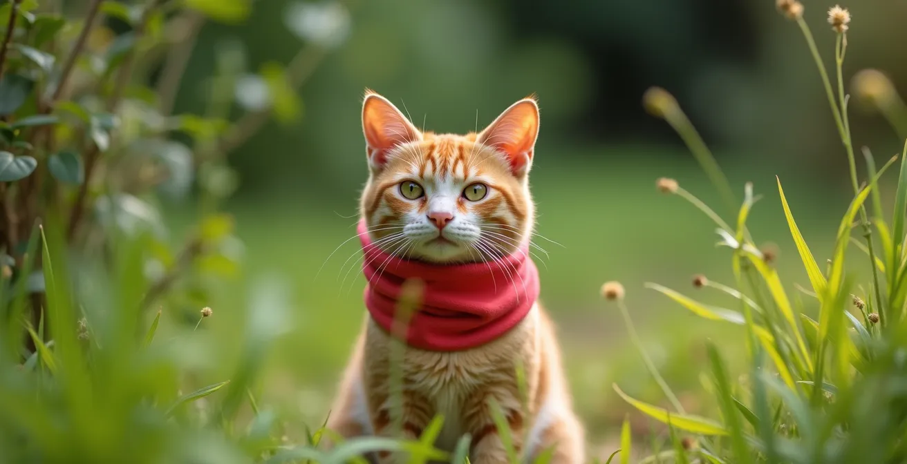 Cat wearing a bright colored Birdsbesafe collar cover in a garden setting