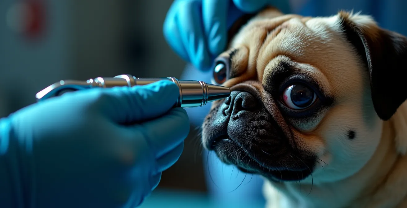 Extreme close-up of veterinarian examining a pug's eye with ophthalmoscope