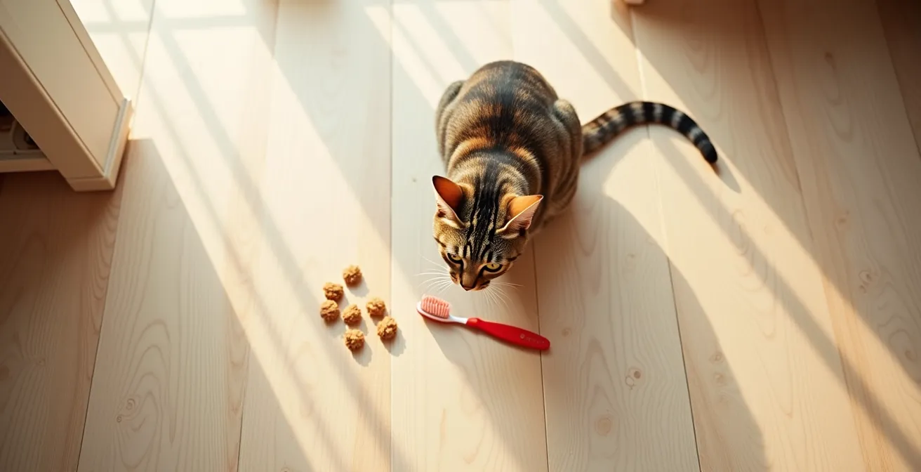 Overhead view of a calm tabby cat voluntarily approaching a toothbrush with treats scattered nearby in a home environment
