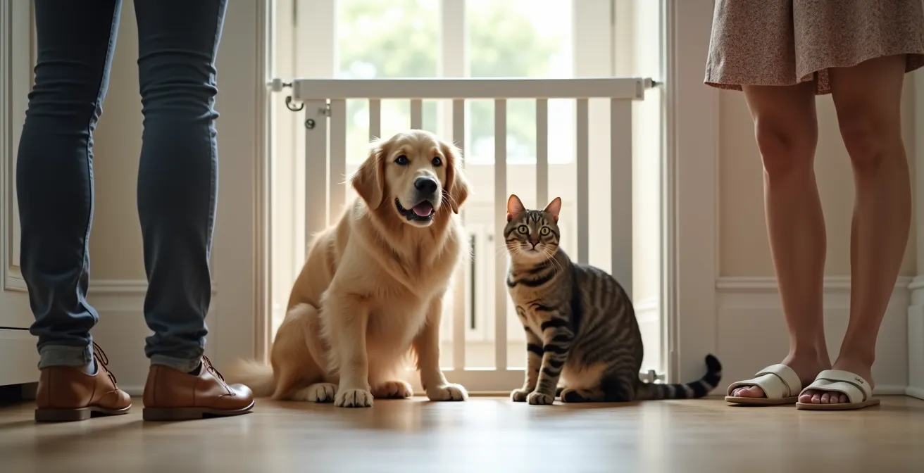 A dog and cat safely separated by a baby gate during their first visual introduction phase