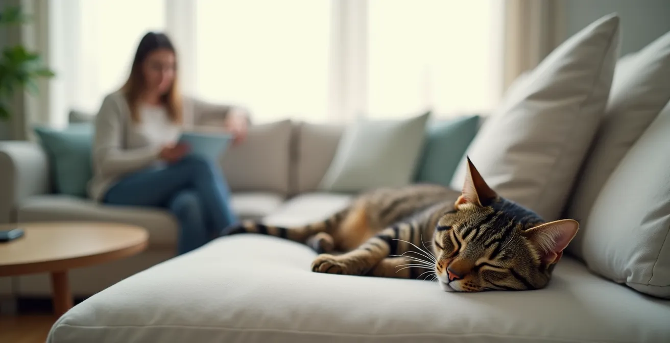 Wide angle view of a peaceful sleeping tabby cat on a couch with owner observing from distance
