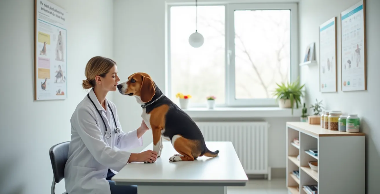 Veterinary team of a nutritionist and a vet collaborating on a specialized diet plan for a dog with multiple conditions.