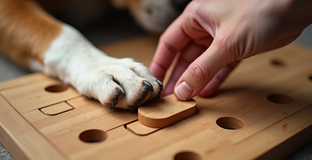 Close-up of dog and human hands working together on an interactive puzzle toy