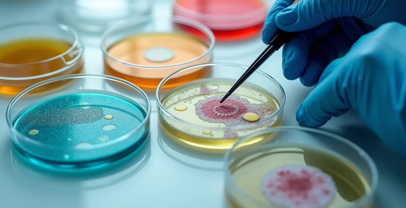 Macro view of laboratory culture plates showing bacterial growth patterns for antibiotic sensitivity testing