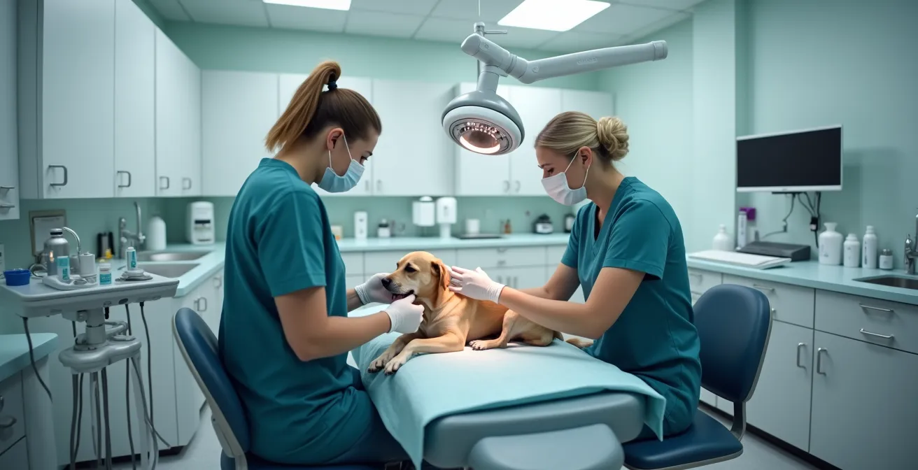 Veterinary dental examination room showing professional equipment and a sedated dog receiving comprehensive oral care