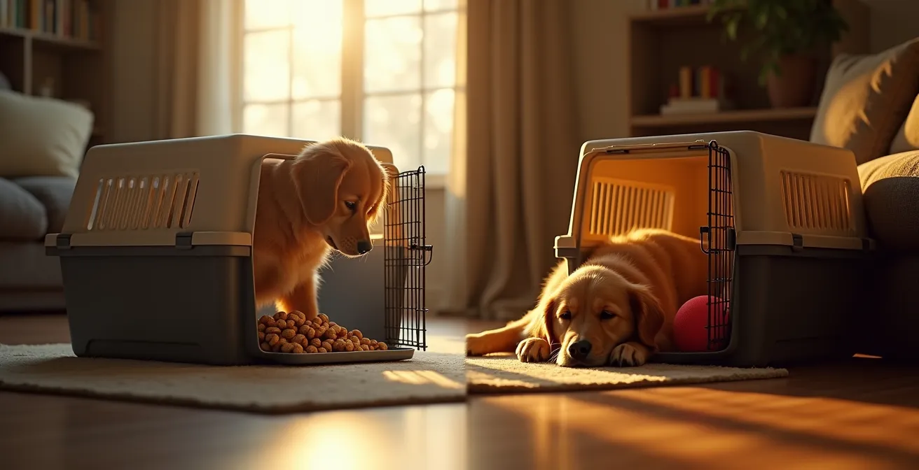 Time-lapse style photo showing a dog progressively spending more time in an airline crate over several days