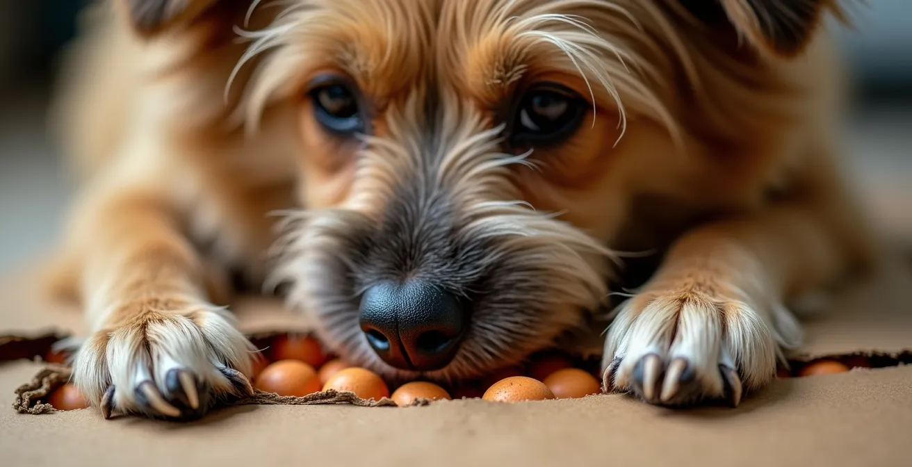 Close-up of terrier investigating layered cardboard puzzle box with paper