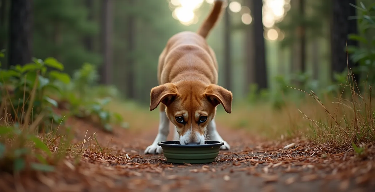 Dog drinking from a portable water bowl on a forest trail