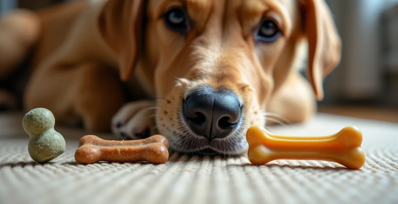Close-up training session showing progression of leave-it command from low to high-value items