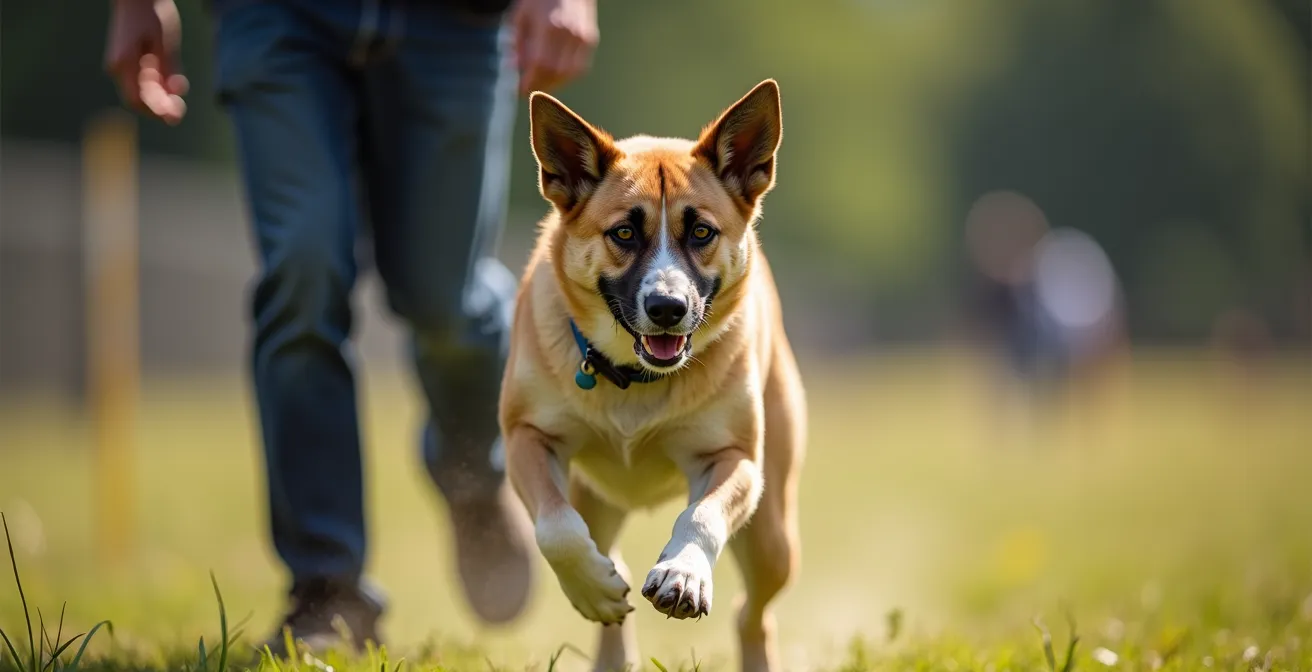 Dog in coiled ready position at agility start line showing engaged muscles
