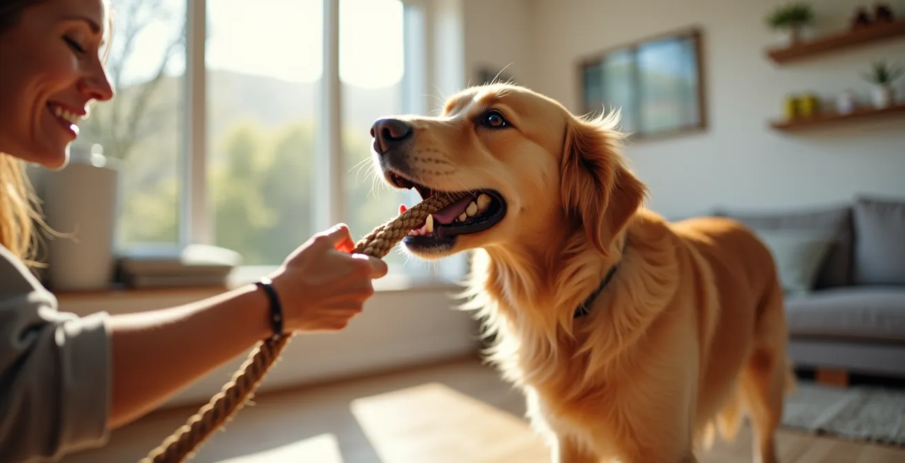 Happy dog and owner engaged in tug-of-war game showing non-food reward alternative