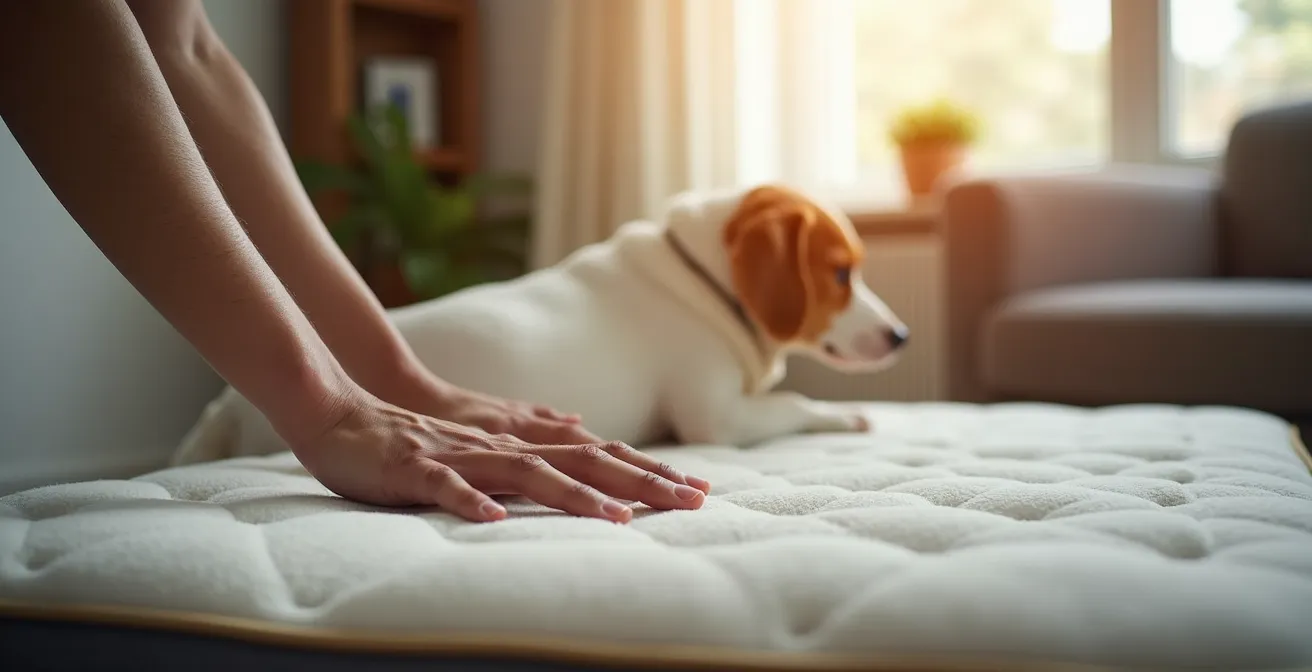 Human hand pressing into orthopedic dog bed foam demonstrating rebound test from side angle