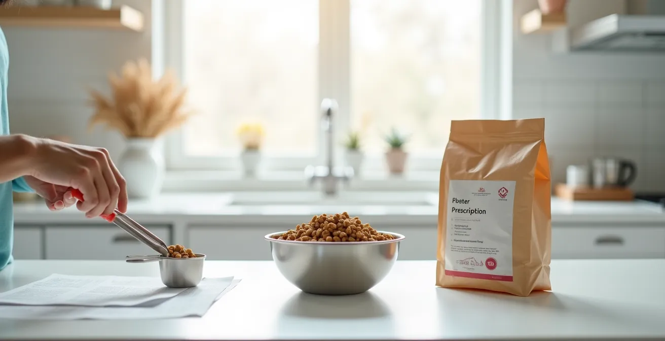 Pet owner carefully measuring prescribed kibble into a stainless steel bowl in a clean kitchen