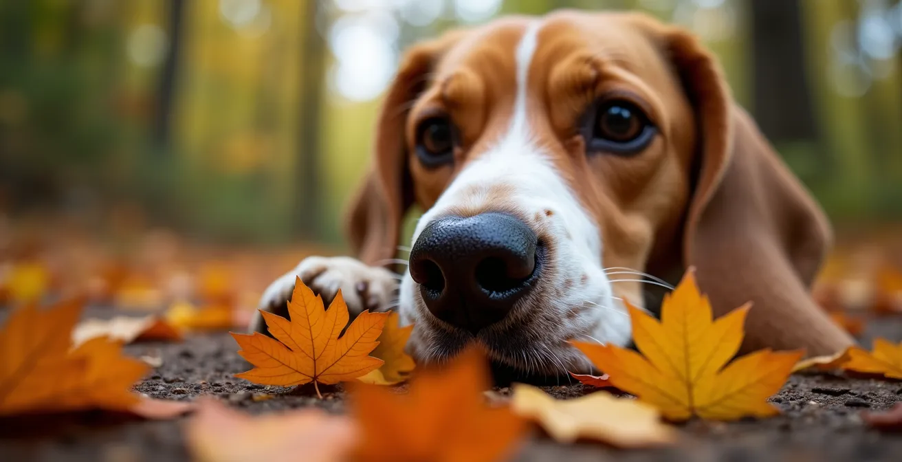 Close-up of a beagle intensely sniffing fallen autumn leaves during an enrichment walk
