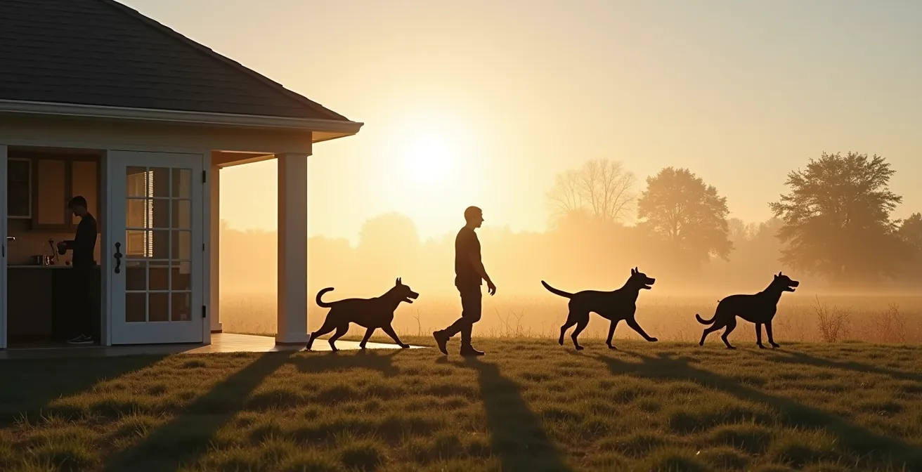 Wide environmental shot showing dog training progression from indoor kitchen to outdoor park setting