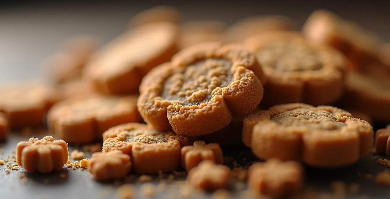 Macro shot showing the stark textural contrast between dry, matte kibble and glistening, moist high-value training treats.