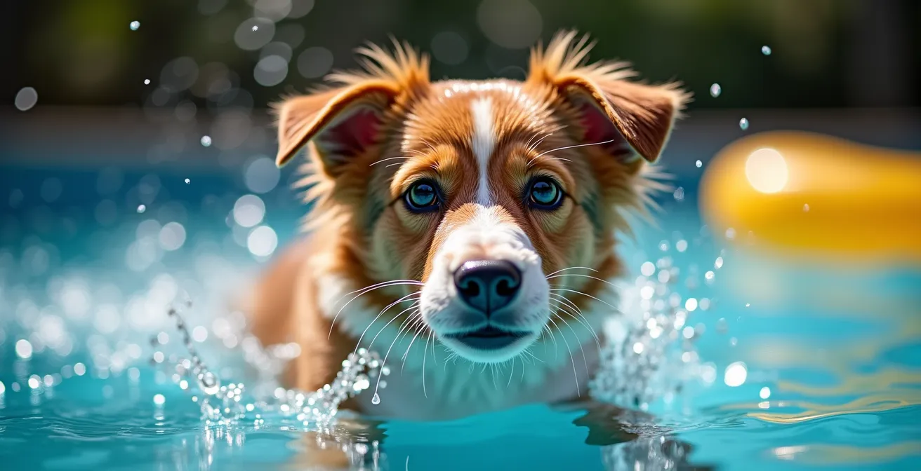 Dog retrieving floating toy in therapeutic pool setting showing low-impact exercise transition