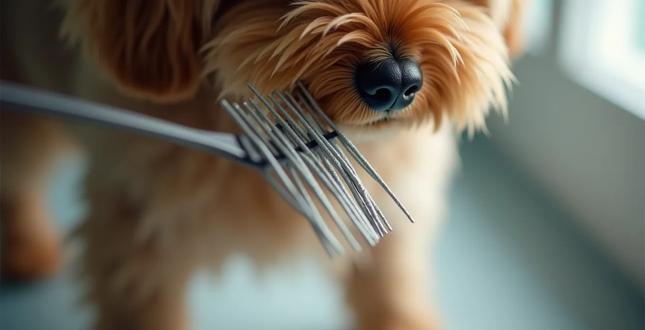 Professional grooming station setup in small apartment bathroom for double-coated dog