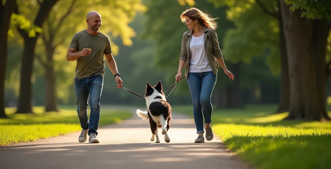 Dog and owner mid U-turn movement in park setting demonstrating smooth escape technique