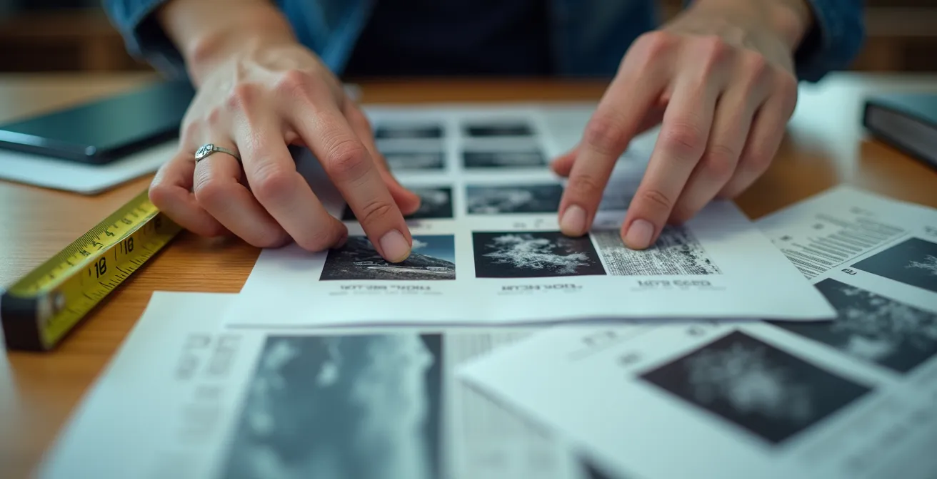 Close-up of hands organizing timestamped photos and documents on a clean desk surface