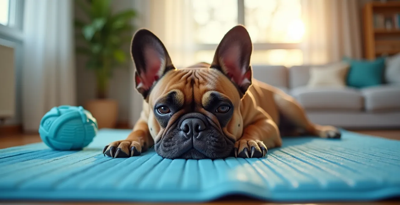 French Bulldog using cooling mat in air-conditioned apartment during summer