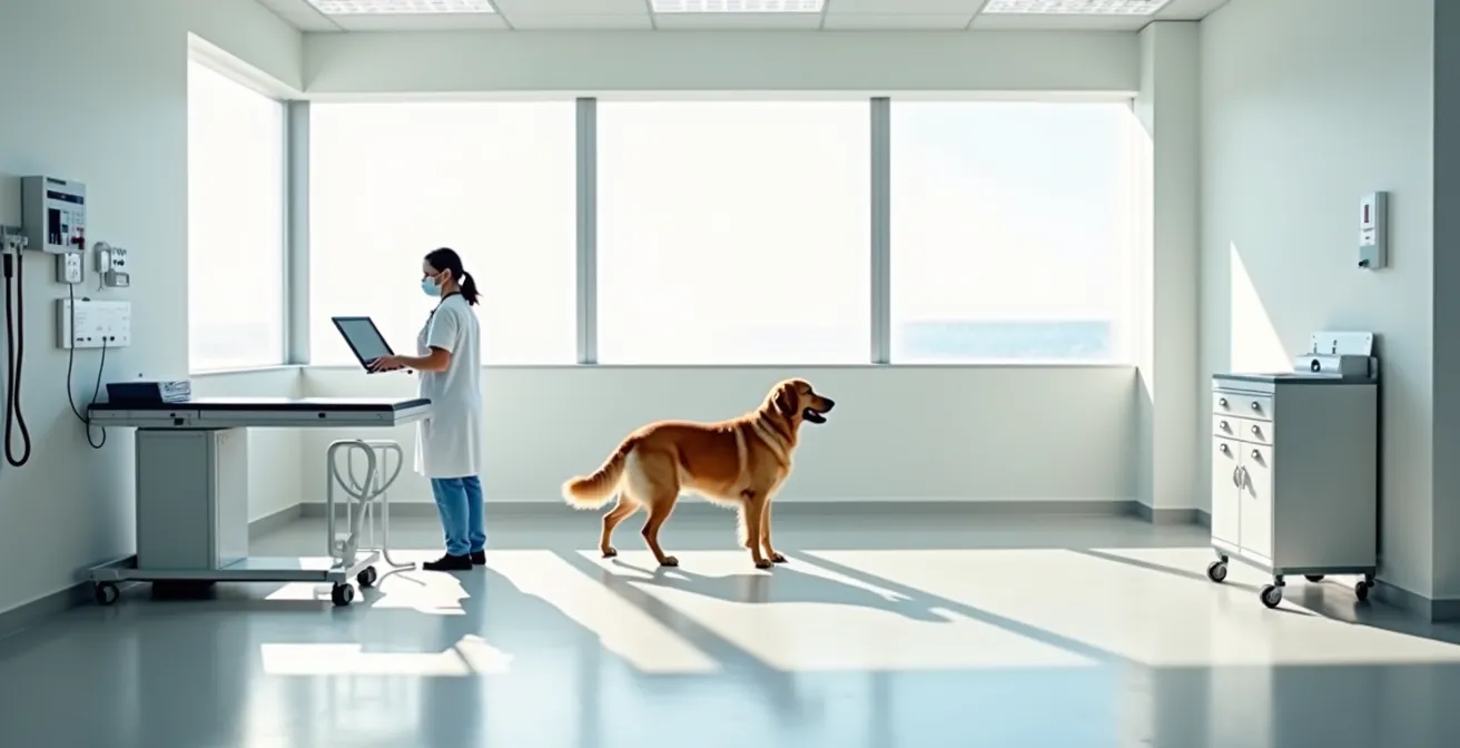 A veterinarian examines a golden retriever on an exam table, symbolizing the importance of health checks over a dog's lifetime.