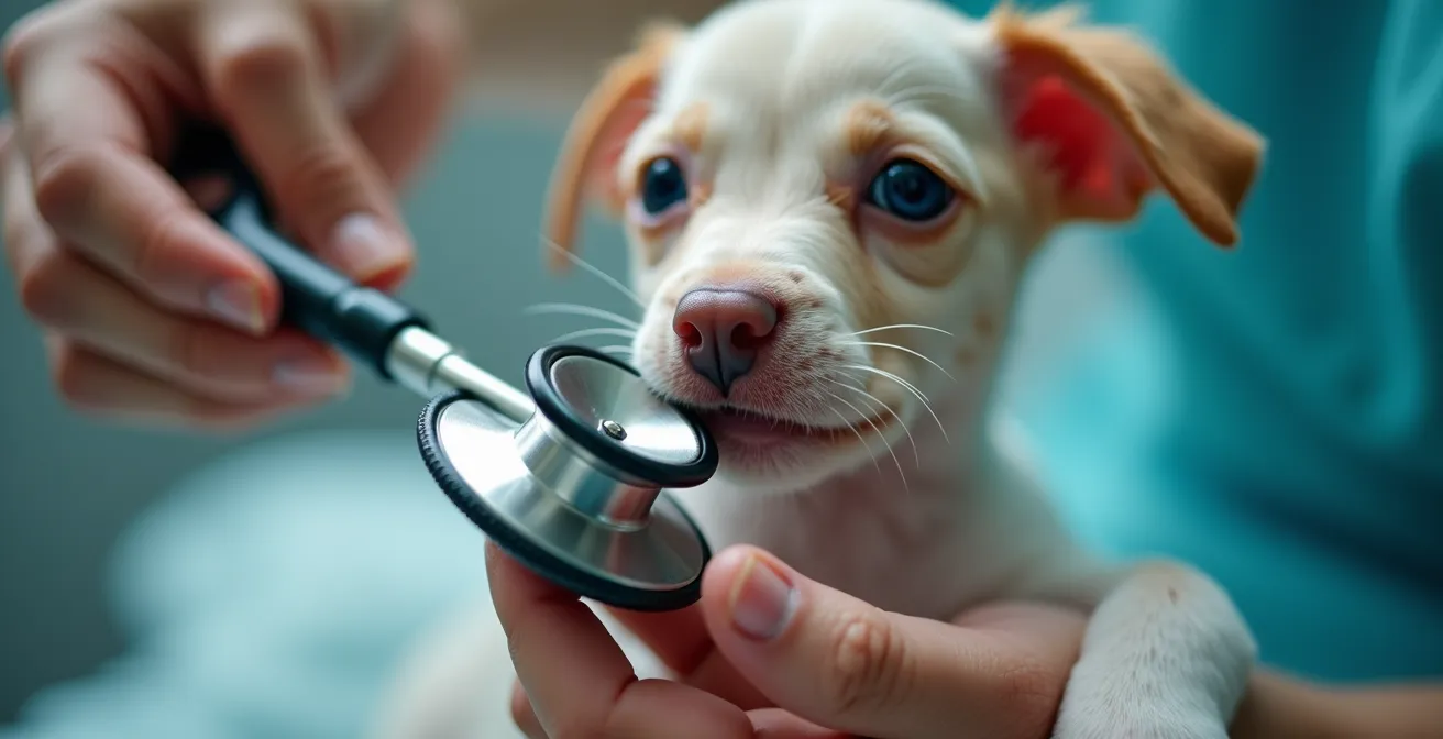Close-up of veterinarian listening to puppy's heart with stethoscope in clinical setting