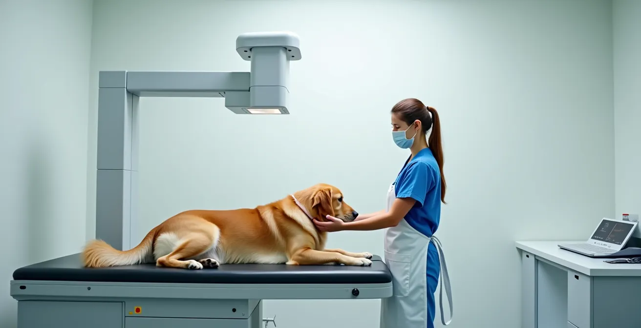 Veterinary technician positioning large breed dog for hip radiograph examination