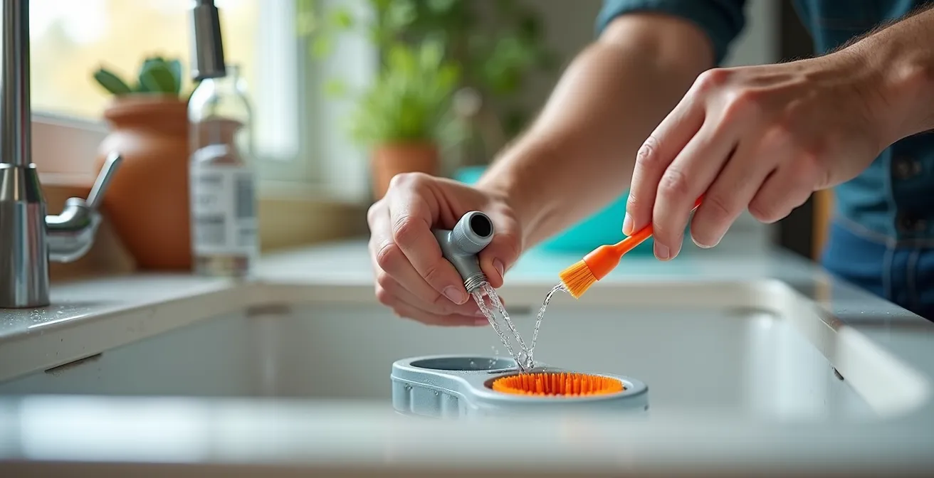 Person carefully cleaning a complex puzzle feeder with specialized brushes in bright kitchen