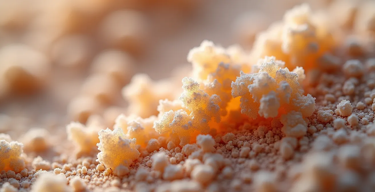 Macro photography of hydrolyzed protein particles showing molecular structure