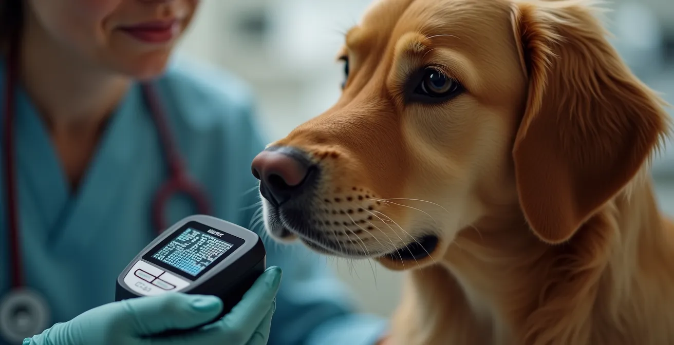 Veterinarian scanning pet microchip with handheld scanner showing digital display