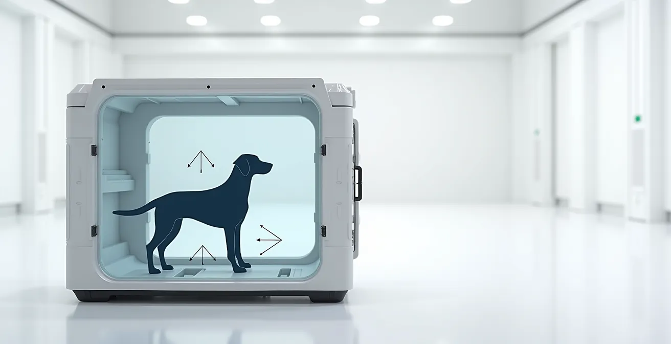 Cross-sectional view of reinforced crash crate with large dog silhouette showing force distribution