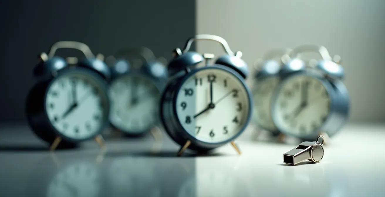 Visual metaphor showing the concept of learned irrelevance in dog training, with noisy clocks on one side and a single clear whistle on the other.