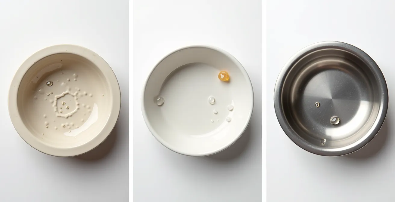 Extreme close-up showing microscopic surface differences between plastic, ceramic, and stainless steel feeders