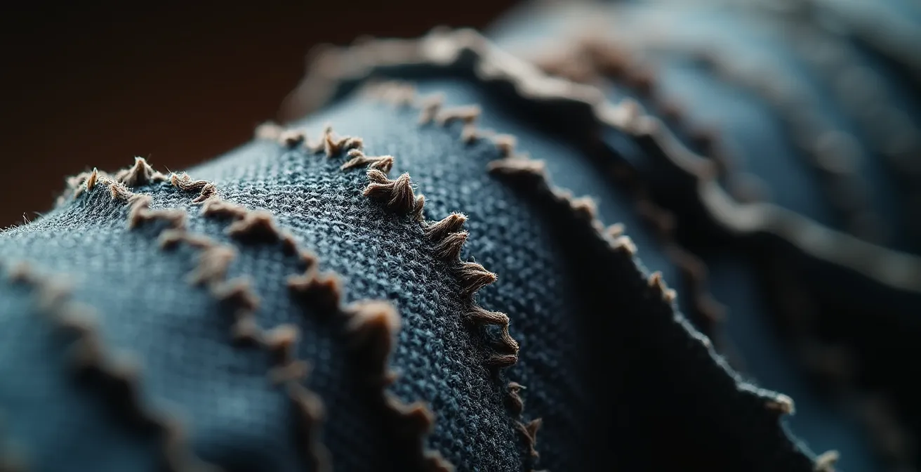 Extreme close-up of frayed synthetic collar material showing wear damage