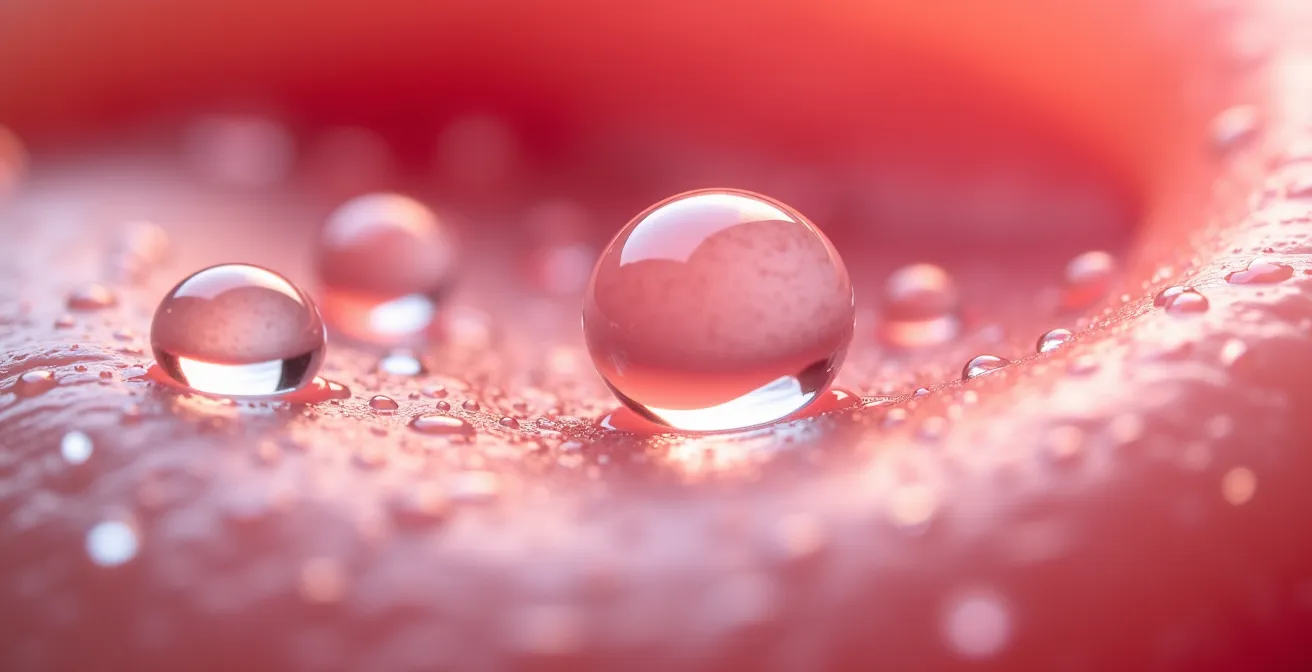 Extreme close-up of water droplets on a dog's tongue showing hydration