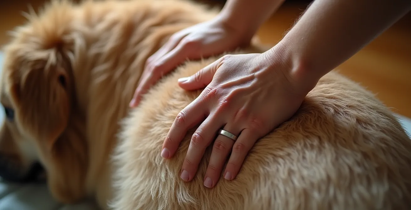 Close-up of gentle hands performing therapeutic massage on senior dog's hip area