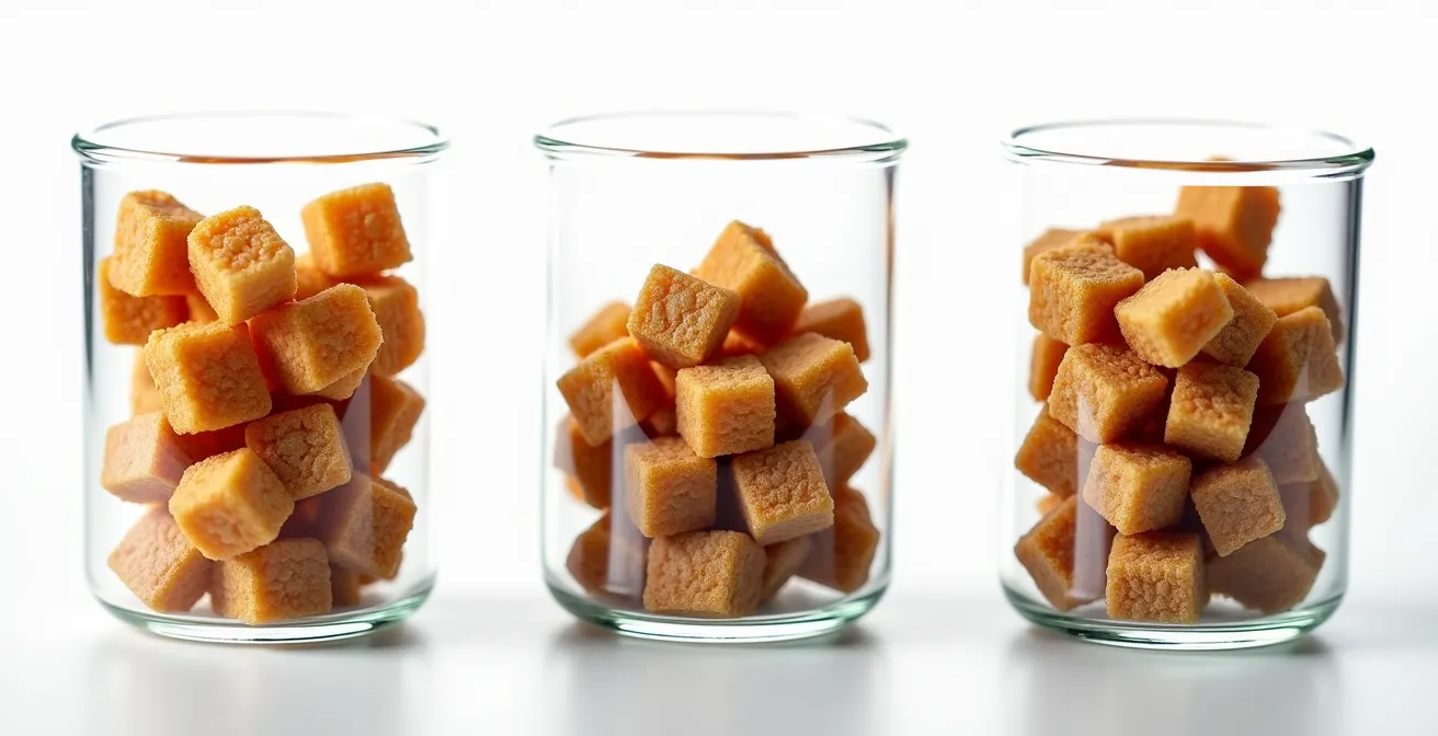 Extreme macro photograph showing varying kibble piece densities and sizes from different dog food brands