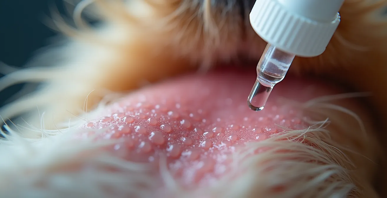 Extreme close-up of topical flea medication being applied directly to pet skin between fur