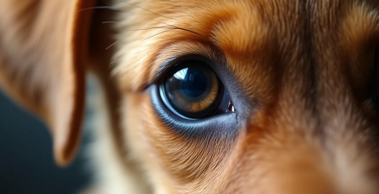 Extreme close-up of a puppy's eye, showing curious and cautious observation of the world.