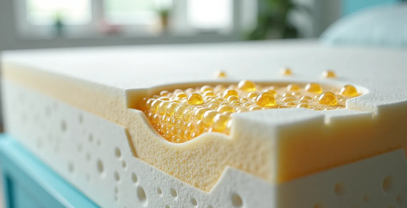 Extreme close-up of cooling gel-infused memory foam layers showing texture and air pockets