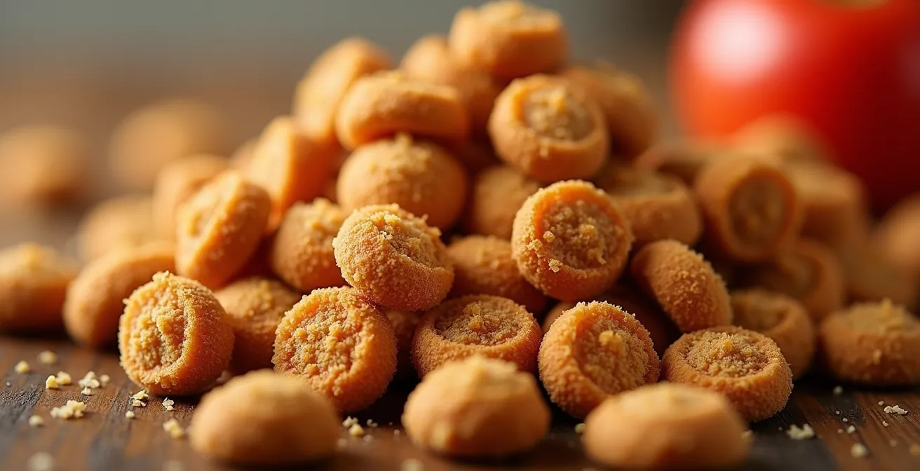 Microscopic view showing the Maillard reaction occurring during pet food extrusion process