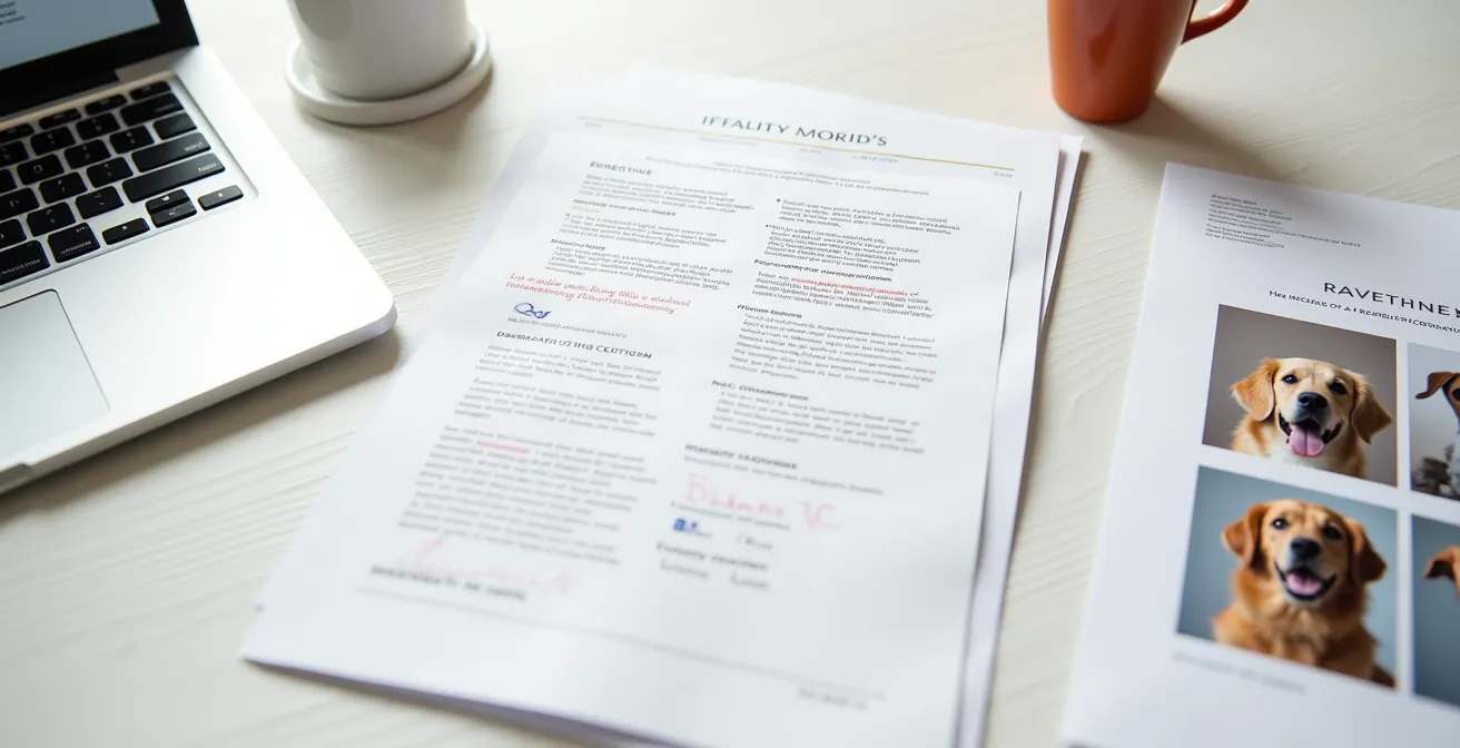 Collection of official pet documents and photos arranged on desk for breed verification