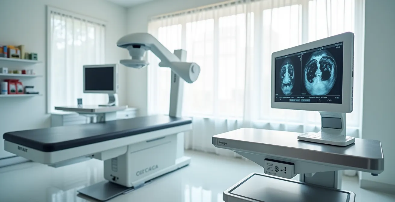 Wide shot of state-of-the-art veterinary examination room with diagnostic equipment