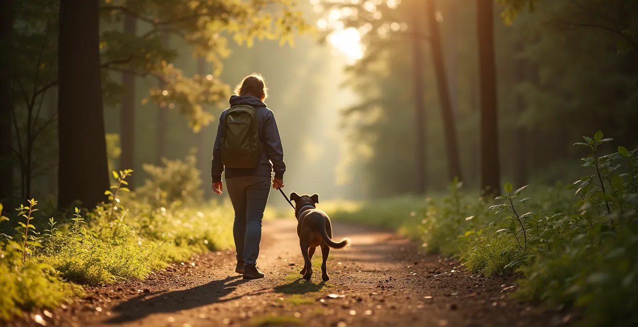 Dog leading a peaceful sniffari walk in nature with its owner following.