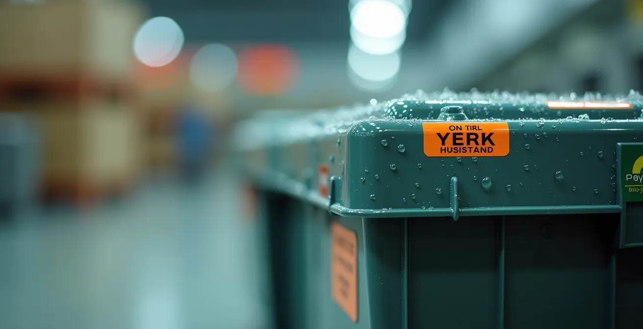 Close-up view of airline pet crate showing strategic placement of Live Animal and arrow stickers on corners and sides