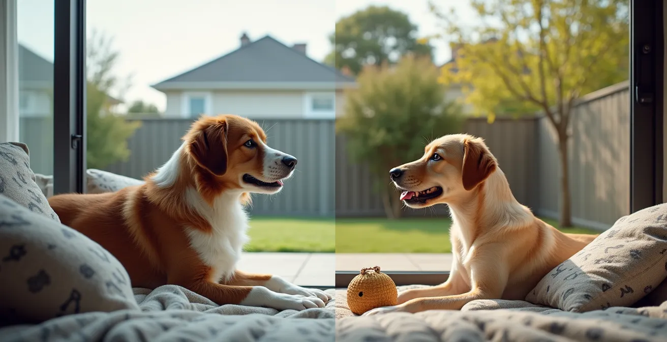 Split-screen style composition showing same dog in two different home environments