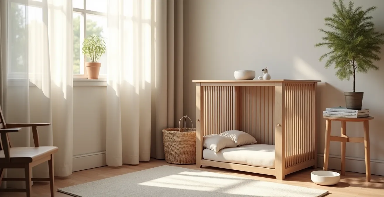 A calm, organized pet sanctuary space showing a cozy crate setup in a quiet room corner for decompression