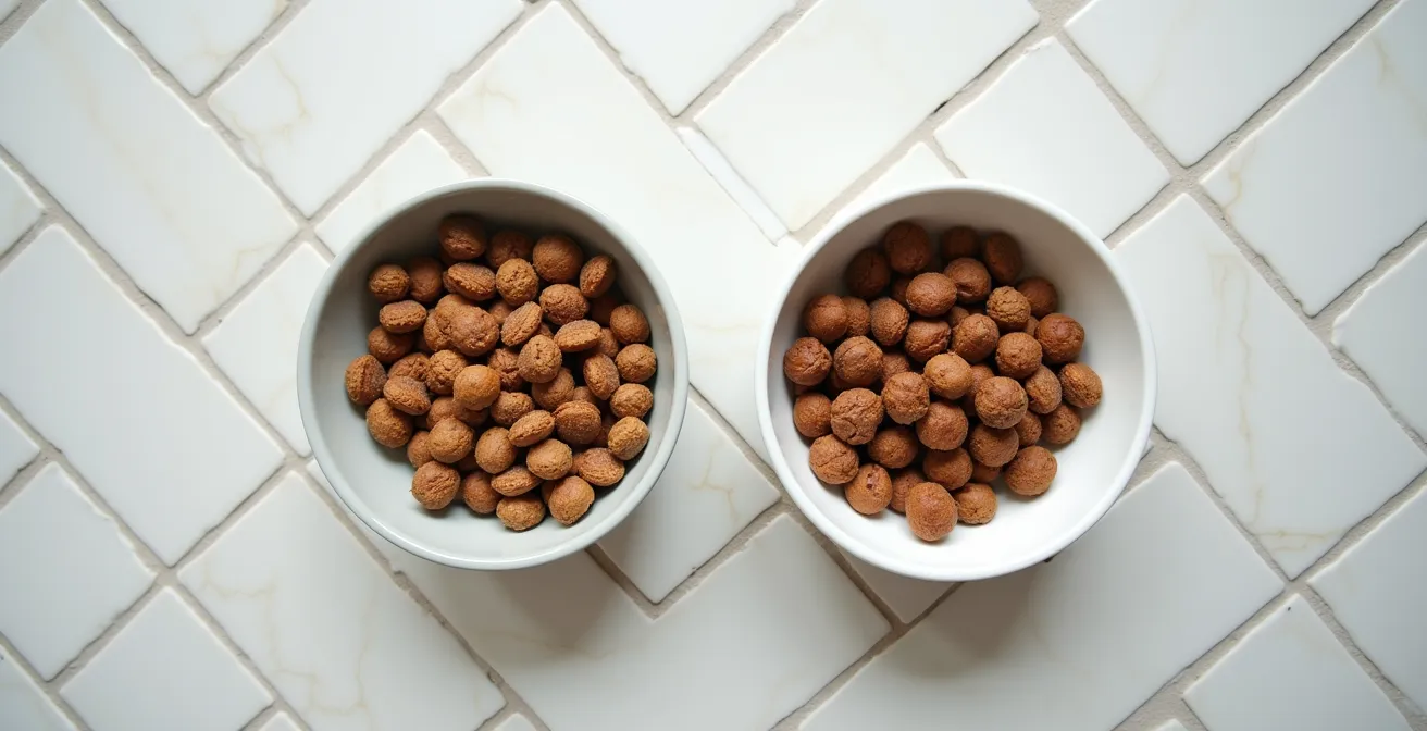 Two pet food bowls side by side showing gradual food transition process