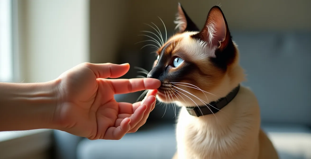 Demonstration of proper collar fitting on a Siamese cat showing the two-finger test